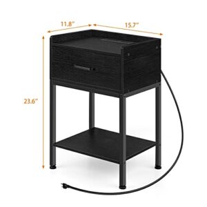 Nightstand with Charging Station and USB Ports, 3 Tier Small Bedside Table with Drawer and Storage Shelf Rustic Night Stand for Small Space, Living Room, Bedroom, Black
