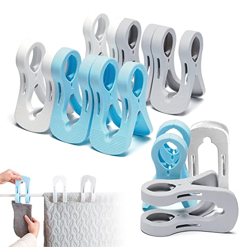 Clothes Pegs, Pack of 9 Towel Clips, Beach Towel Clips, Double Large Clothes Clips, Windproof Clips On The Beach and Sun Loungers, for Clothes, Beach Towel (White, Blue, Gray)