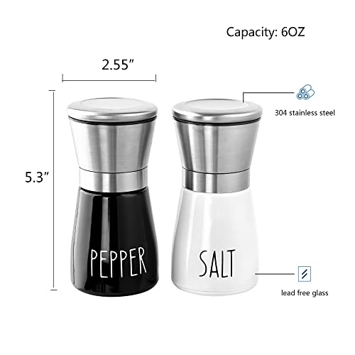 Wartter Stainless Steel Salt & Pepper Grinders Refillable Set - Two Salt/Pepper Shakers with Adjustable Coarse Mills - Easy Clean Glass Grinders