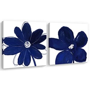 creoate navy blue wall art for bathroom decor, 2 pieces abstract flower painting canvas print artwork framed set blue and white wall decor for bedroom…