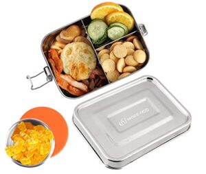 more-eco stainless steel leak proof bento box with three sections and 50 ml dip container. 1200 ml stainless steel lunch box dishwasher safe silver 18.5 cm x 13 cm x 5.5 cm