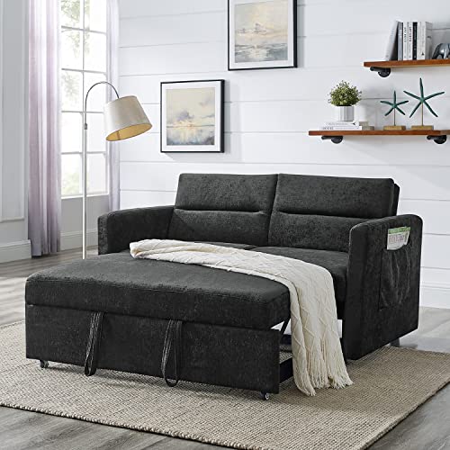 3 in 1 Convertible Sleeper Sofa Bed, Antetek Modern Chenille Loveseat Sleeper Sofa Couch with Pull-Out Bed, Small Love seat Sofa Bed with Reclining Backrest & Side Pocket for Living Room, Black, 54.6"