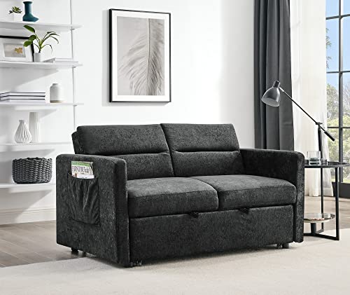3 in 1 Convertible Sleeper Sofa Bed, Antetek Modern Chenille Loveseat Sleeper Sofa Couch with Pull-Out Bed, Small Love seat Sofa Bed with Reclining Backrest & Side Pocket for Living Room, Black, 54.6"