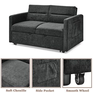 3 in 1 Convertible Sleeper Sofa Bed, Antetek Modern Chenille Loveseat Sleeper Sofa Couch with Pull-Out Bed, Small Love seat Sofa Bed with Reclining Backrest & Side Pocket for Living Room, Black, 54.6"