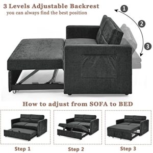 3 in 1 Convertible Sleeper Sofa Bed, Antetek Modern Chenille Loveseat Sleeper Sofa Couch with Pull-Out Bed, Small Love seat Sofa Bed with Reclining Backrest & Side Pocket for Living Room, Black, 54.6"