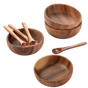 muso wood 3.9" acacia wood bowl, small wooden sauce bowl for party, serving bowls for nuts, salad, appetizer, condiments, snacks (free 4 wood spoons, set of 4)