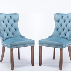 Winwee Set of 2 Dining Chairs Leisure Padded Chair, Tufted Solid Wood Velvet Upholstered Dining Chair with Nailhead Trim& Ring Pull for Kitchen, Living Room (Light Blue)