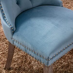 Winwee Set of 2 Dining Chairs Leisure Padded Chair, Tufted Solid Wood Velvet Upholstered Dining Chair with Nailhead Trim& Ring Pull for Kitchen, Living Room (Light Blue)