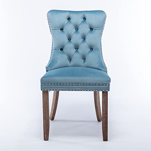 Winwee Set of 2 Dining Chairs Leisure Padded Chair, Tufted Solid Wood Velvet Upholstered Dining Chair with Nailhead Trim& Ring Pull for Kitchen, Living Room (Light Blue)