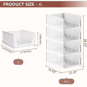 CTSNSLH 4 Pack Folding Closet Organizers Storage Box, Stackable Plastic Drawer Basket for Clothing(White)