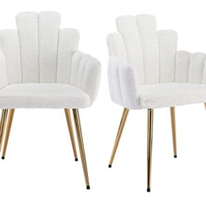 VESCASA Sherpa Accent Chairs with Petal Back, Mid-Century Modern Upholstered Dining Chairs with Arms, Makeup Vanity Chairs with Gold Metal Legs for Living Room/Bedroom, Set of 2, White