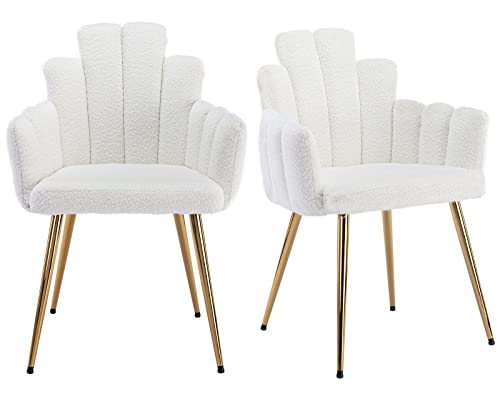 VESCASA Sherpa Accent Chairs with Petal Back, Mid-Century Modern Upholstered Dining Chairs with Arms, Makeup Vanity Chairs with Gold Metal Legs for Living Room/Bedroom, Set of 2, White