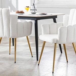 VESCASA Sherpa Accent Chairs with Petal Back, Mid-Century Modern Upholstered Dining Chairs with Arms, Makeup Vanity Chairs with Gold Metal Legs for Living Room/Bedroom, Set of 2, White