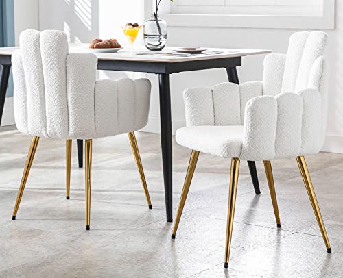 VESCASA Sherpa Accent Chairs with Petal Back, Mid-Century Modern Upholstered Dining Chairs with Arms, Makeup Vanity Chairs with Gold Metal Legs for Living Room/Bedroom, Set of 2, White