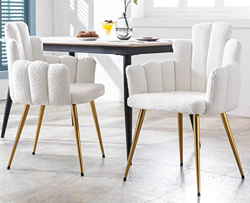 VESCASA Sherpa Accent Chairs with Petal Back, Mid-Century Modern Upholstered Dining Chairs with Arms, Makeup Vanity Chairs with Gold Metal Legs for Living Room/Bedroom, Set of 2, White