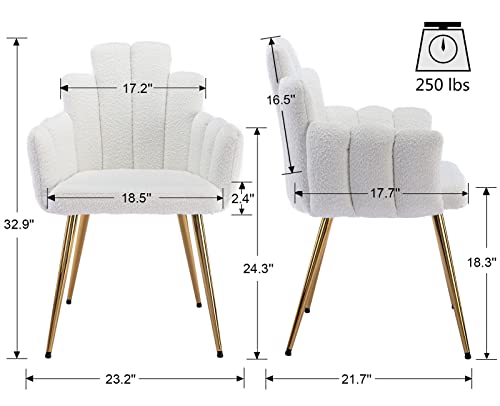 VESCASA Sherpa Accent Chairs with Petal Back, Mid-Century Modern Upholstered Dining Chairs with Arms, Makeup Vanity Chairs with Gold Metal Legs for Living Room/Bedroom, Set of 2, White