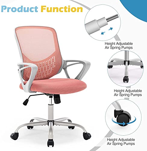 Ergonomic Office Chair - Home Desk Mesh Chair with Fixed Armrest, Executive Computer Chair with Soft Foam Seat Cushion and Lumbar Support, Pink