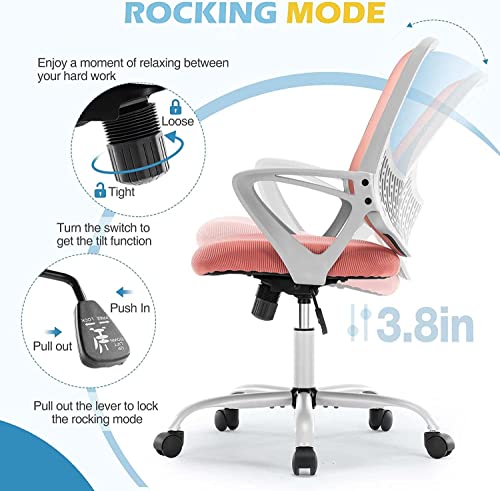 Ergonomic Office Chair - Home Desk Mesh Chair with Fixed Armrest, Executive Computer Chair with Soft Foam Seat Cushion and Lumbar Support, Pink