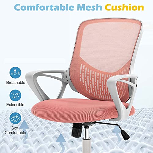 Ergonomic Office Chair - Home Desk Mesh Chair with Fixed Armrest, Executive Computer Chair with Soft Foam Seat Cushion and Lumbar Support, Pink