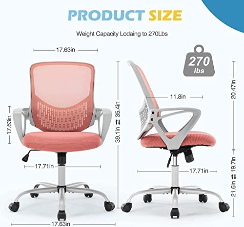 Ergonomic Office Chair - Home Desk Mesh Chair with Fixed Armrest, Executive Computer Chair with Soft Foam Seat Cushion and Lumbar Support, Pink