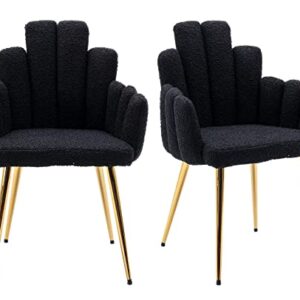 VESCASA Sherpa Accent Chairs with Petal Back, Mid-Century Modern Upholstered Dining Chairs with Arms, Makeup Vanity Chairs with Gold Metal Legs for Living Room/Bedroom, Set of 2, Black