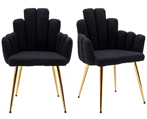 VESCASA Sherpa Accent Chairs with Petal Back, Mid-Century Modern Upholstered Dining Chairs with Arms, Makeup Vanity Chairs with Gold Metal Legs for Living Room/Bedroom, Set of 2, Black