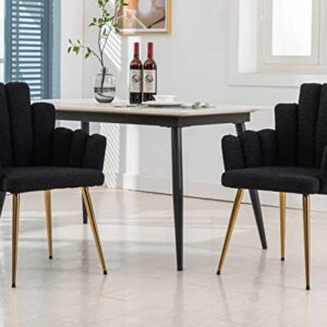 VESCASA Sherpa Accent Chairs with Petal Back, Mid-Century Modern Upholstered Dining Chairs with Arms, Makeup Vanity Chairs with Gold Metal Legs for Living Room/Bedroom, Set of 2, Black