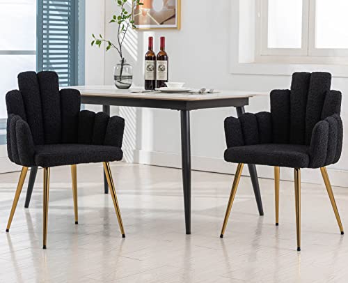 VESCASA Sherpa Accent Chairs with Petal Back, Mid-Century Modern Upholstered Dining Chairs with Arms, Makeup Vanity Chairs with Gold Metal Legs for Living Room/Bedroom, Set of 2, Black