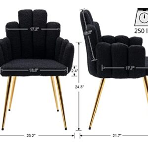 VESCASA Sherpa Accent Chairs with Petal Back, Mid-Century Modern Upholstered Dining Chairs with Arms, Makeup Vanity Chairs with Gold Metal Legs for Living Room/Bedroom, Set of 2, Black