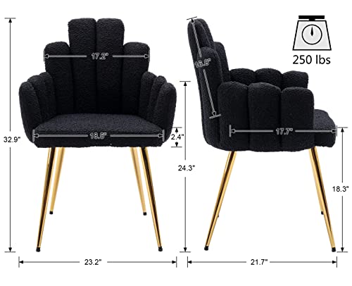 VESCASA Sherpa Accent Chairs with Petal Back, Mid-Century Modern Upholstered Dining Chairs with Arms, Makeup Vanity Chairs with Gold Metal Legs for Living Room/Bedroom, Set of 2, Black