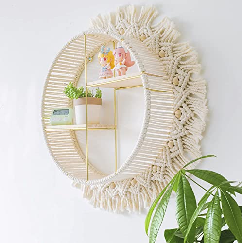 Diocos Boho Round Wall Shelf Macrame Floating Shelf Circle Decorative Storage Shelves Crystal Display Rack