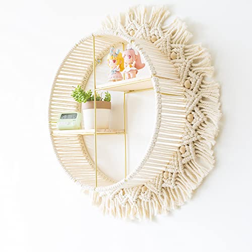 Diocos Boho Round Wall Shelf Macrame Floating Shelf Circle Decorative Storage Shelves Crystal Display Rack