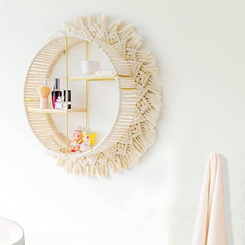 Diocos Boho Round Wall Shelf Macrame Floating Shelf Circle Decorative Storage Shelves Crystal Display Rack