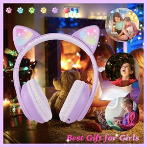kuyaon Wireless Cat Ear Headphones for Kids, LED Light Up Kids Girls Bluetooth Headphones with Microphone for School/Travel/Sports/Gaming/Gifts/Christmas (Purple)