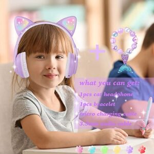 kuyaon Wireless Cat Ear Headphones for Kids, LED Light Up Kids Girls Bluetooth Headphones with Microphone for School/Travel/Sports/Gaming/Gifts/Christmas (Purple)