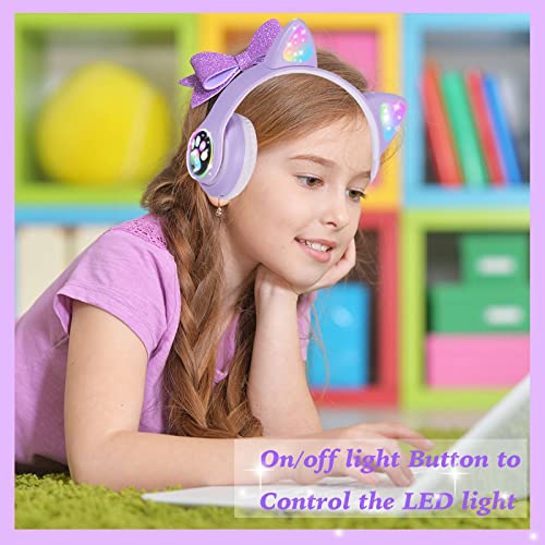 kuyaon Wireless Cat Ear Headphones for Kids, LED Light Up Kids Girls Bluetooth Headphones with Microphone for School/Travel/Sports/Gaming/Gifts/Christmas (Purple)