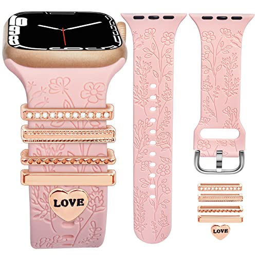 OULRAEFS Apple Watch Band with Charms (iWatch Bands Included) Compatible with Apple Watch Bands 38mm 40mm 41mm Series 8 7 SE 6 5 4 3 2 1 Floral Engraved Silicone Bands with Decorative Ring Loops Accessories, Pink