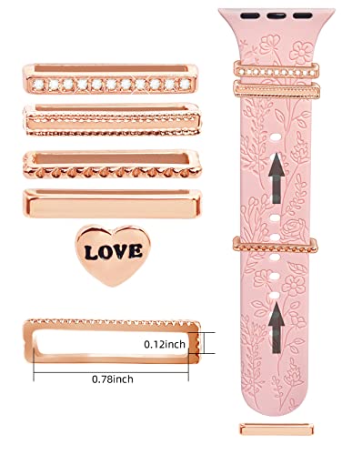 OULRAEFS Apple Watch Band with Charms (iWatch Bands Included) Compatible with Apple Watch Bands 38mm 40mm 41mm Series 8 7 SE 6 5 4 3 2 1 Floral Engraved Silicone Bands with Decorative Ring Loops Accessories, Pink