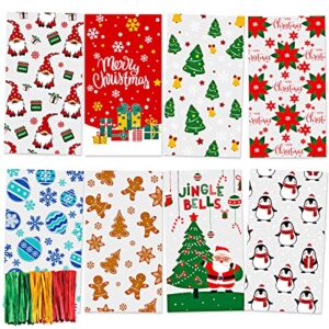 moretoes christmas cellophane bags 168pcs candy treat bags with 180pcs twist ties 8 assorted styles candy bags santa claus & gnome pattern snack goodie bag for party supplies