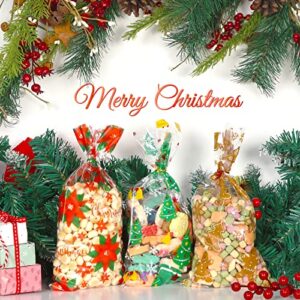 Moretoes Christmas Cellophane Bags 168Pcs Candy Treat Bags with 180Pcs Twist Ties 8 Assorted Styles Candy Bags Santa Claus & Gnome Pattern Snack Goodie Bag for Party Supplies