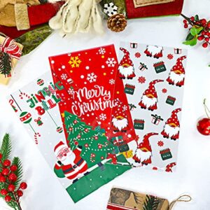 Moretoes Christmas Cellophane Bags 168Pcs Candy Treat Bags with 180Pcs Twist Ties 8 Assorted Styles Candy Bags Santa Claus & Gnome Pattern Snack Goodie Bag for Party Supplies