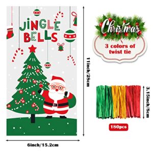 Moretoes Christmas Cellophane Bags 168Pcs Candy Treat Bags with 180Pcs Twist Ties 8 Assorted Styles Candy Bags Santa Claus & Gnome Pattern Snack Goodie Bag for Party Supplies