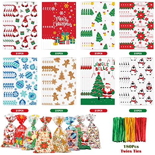 Moretoes Christmas Cellophane Bags 168Pcs Candy Treat Bags with 180Pcs Twist Ties 8 Assorted Styles Candy Bags Santa Claus & Gnome Pattern Snack Goodie Bag for Party Supplies