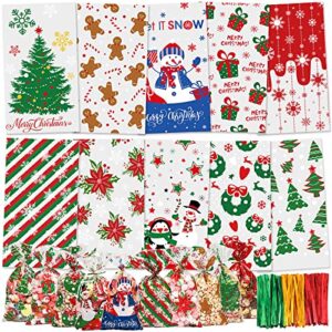 moretoes 170pcs christmas treat bags cellophane bags for christmas snowman & the penguin pattern 10 assorted styles for christmas party with 180pcs twist ties