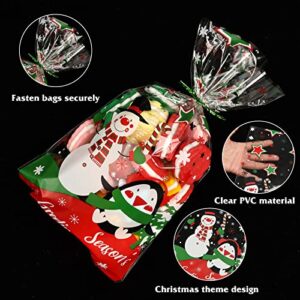 Moretoes 170pcs Christmas Treat Bags Cellophane Bags for Christmas Snowman & The Penguin Pattern 10 Assorted Styles for Christmas Party with 180pcs Twist Ties