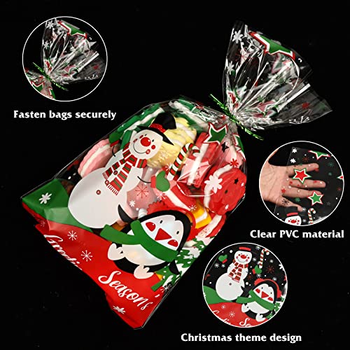 Moretoes 170pcs Christmas Treat Bags Cellophane Bags for Christmas Snowman & The Penguin Pattern 10 Assorted Styles for Christmas Party with 180pcs Twist Ties