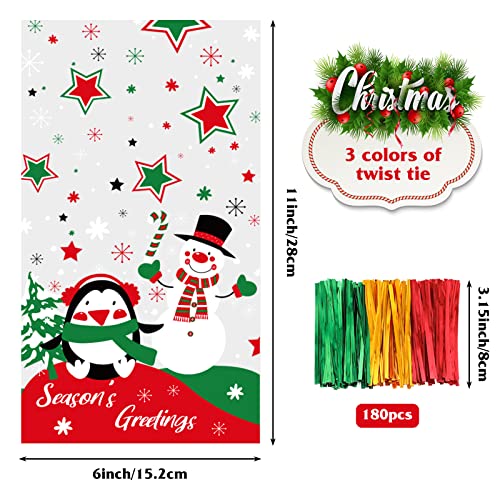 Moretoes 170pcs Christmas Treat Bags Cellophane Bags for Christmas Snowman & The Penguin Pattern 10 Assorted Styles for Christmas Party with 180pcs Twist Ties