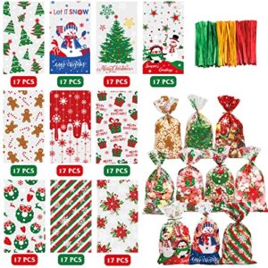 Moretoes 170pcs Christmas Treat Bags Cellophane Bags for Christmas Snowman & The Penguin Pattern 10 Assorted Styles for Christmas Party with 180pcs Twist Ties
