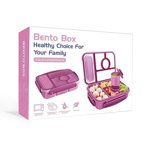 Amathley Bento Lunch box for kids, Adults/Kids/Toddler,5 Compartments with Sauce Vontainers,Microwave & Dishwasher & Freezer Safe, BPA Free(Purple)