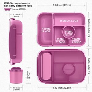 Amathley Bento Lunch box for kids, Adults/Kids/Toddler,5 Compartments with Sauce Vontainers,Microwave & Dishwasher & Freezer Safe, BPA Free(Purple)